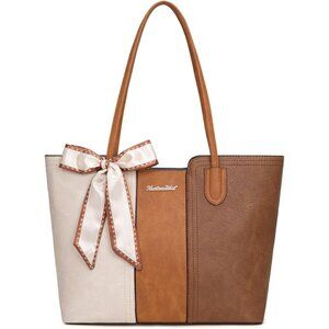Women Beige With Brown Imported Vegan Leather Medium Top Handle Satchel Tote Bag